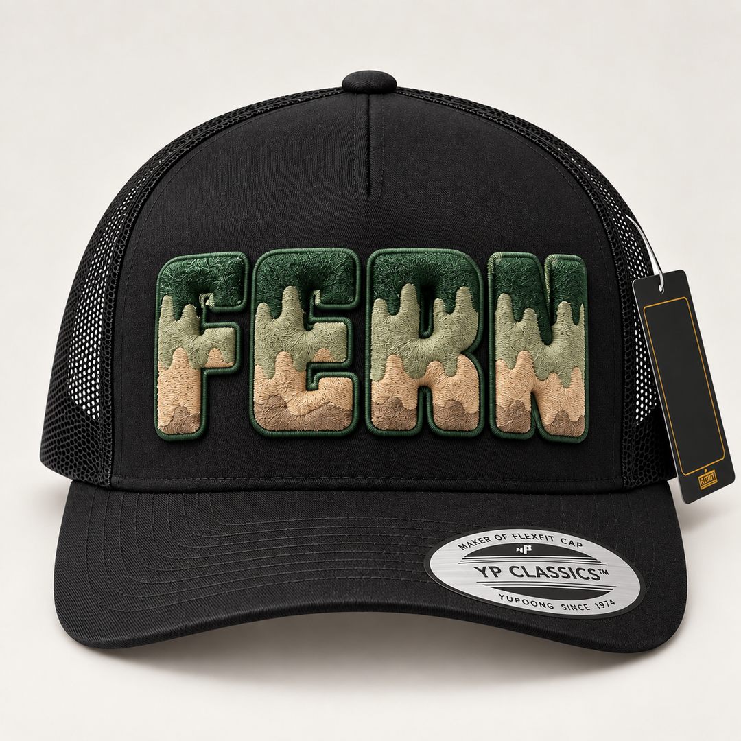 🌿 Sage &amp; Sand Noir – Tri-Stack Puff · Forest Green top · Sage mid · Tan base · Black Curved Trucker | Hand Finished in Dubai | EmbroMania