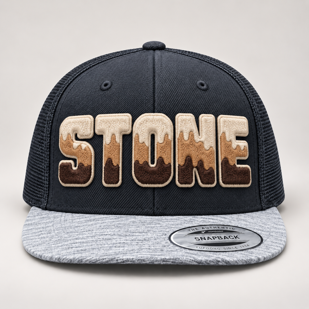 🪨 Sandstone Slate – Tri-Stack Puff · Cream top · Tan mid · Brown base · Charcoal &amp; Heather Grey Snapback | Hand Finished in Dubai | EmbroMania
