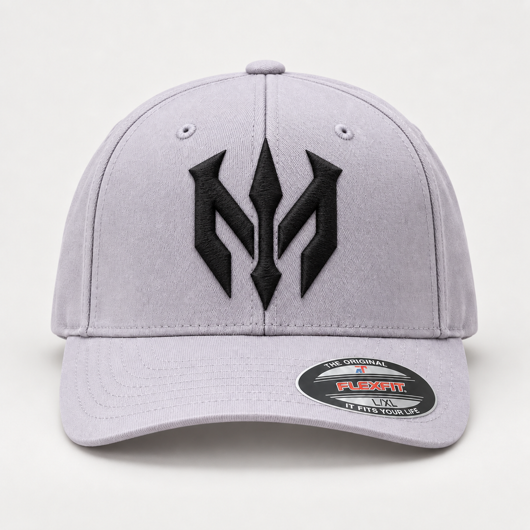 🌫️⚔️ Ash Reign – Trident Reign · Black 3D puff · Light Grey Flexfit Curved | Hand Finished in Dubai | EmbroMania