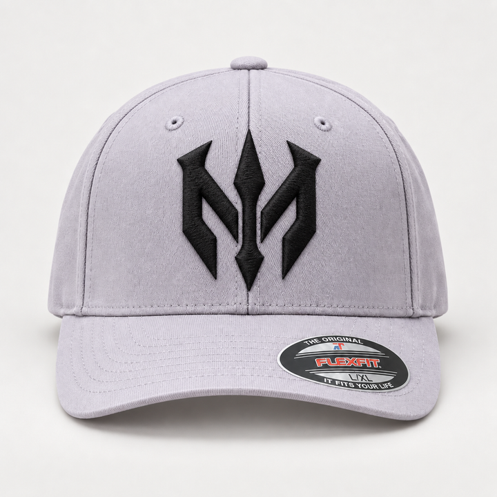 🌫️⚔️ Ash Reign – Trident Reign · Black 3D puff · Light Grey Flexfit Curved | Hand Finished in Dubai | EmbroMania