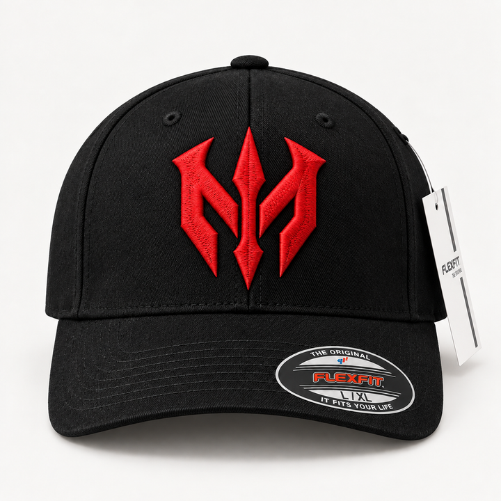 🔴⚔️ Blood Reign – Trident Reign · Red 3D puff · Black Solid Flexfit | Hand Finished in Dubai | EmbroMania