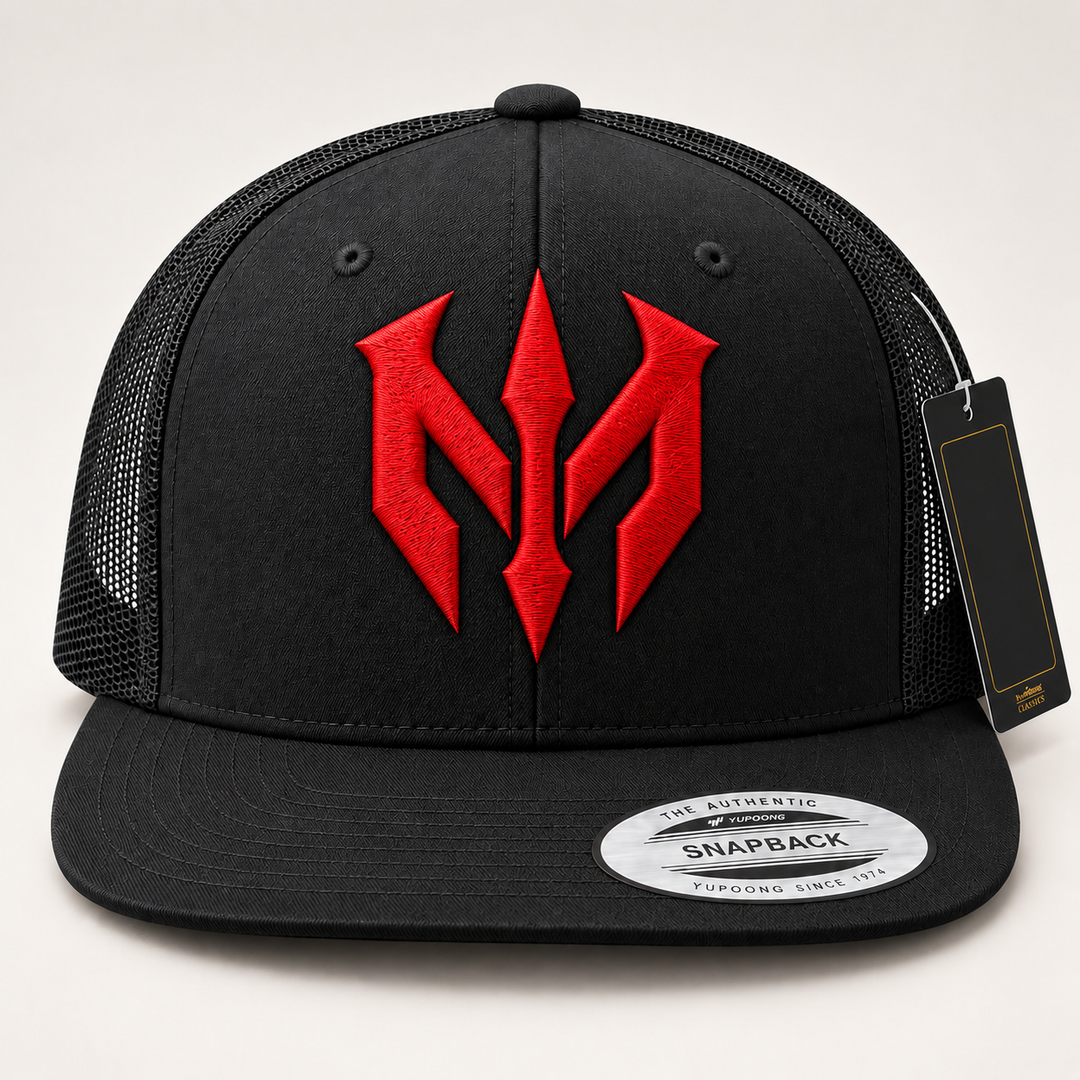 🔴🖤 Crimson Vanguard – Trident Reign · Red 3D puff · Black Flat Trucker YP Classics | Hand Finished in Dubai | EmbroMania