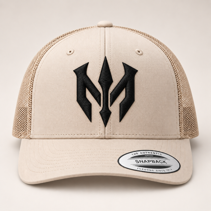 🏜️⚔️ Desert Reign – Trident Reign · Black 3D puff · Sand Beige Retro Trucker | Hand Finished in Dubai | EmbroMania
