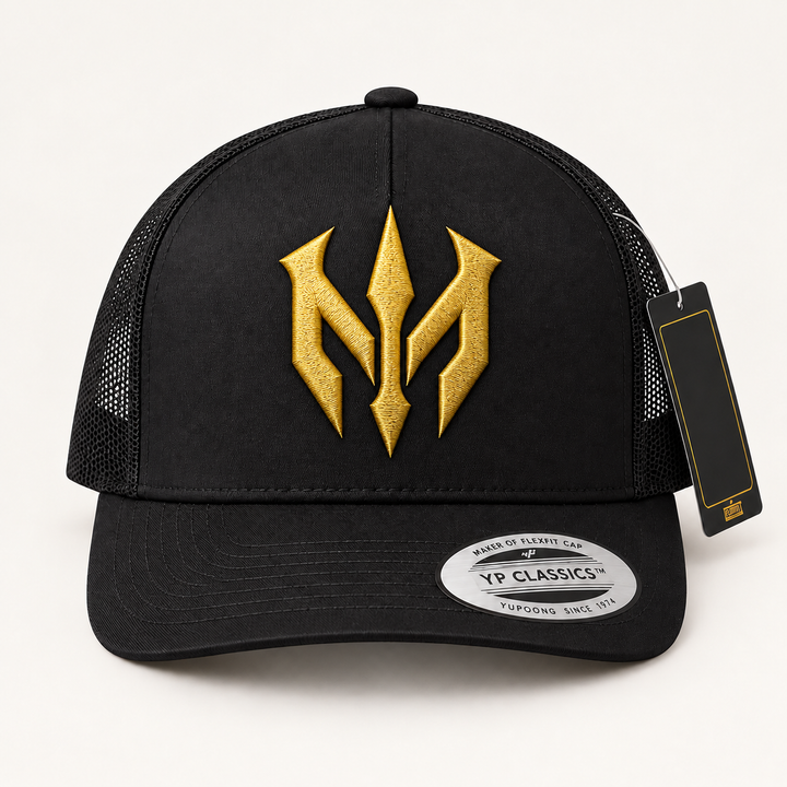 ✨🖤 Gilded Vanguard – Trident Reign · Gold 3D puff · Black Curved Trucker | Hand Finished in Dubai | EmbroMania