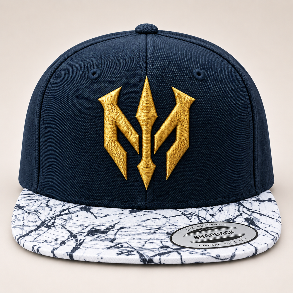 🌊✨ Marble Vanguard – Trident Reign · Gold 3D puff · Navy Crown & Marble Brim Snapback | Hand Finished in Dubai | EmbroMania