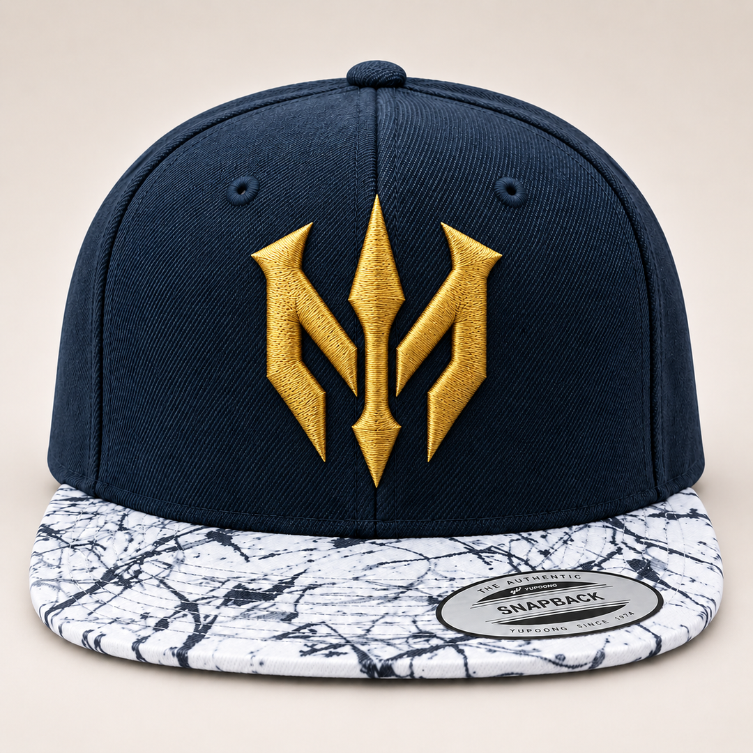 🌊✨ Marble Vanguard – Trident Reign · Gold 3D puff · Navy Crown &amp; Marble Brim Snapback | Hand Finished in Dubai | EmbroMania