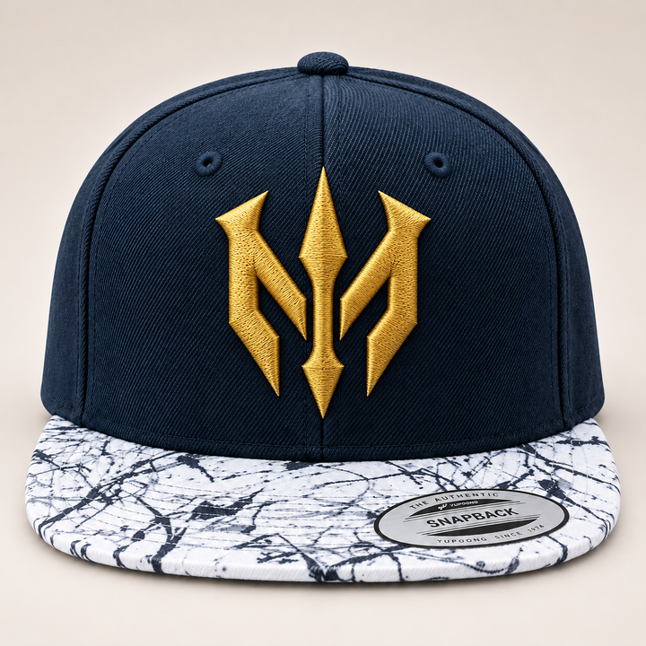 🌊✨ Marble Vanguard – Trident Reign · Gold 3D puff · Navy Crown &amp; Marble Brim Snapback | Hand Finished in Dubai | EmbroMania