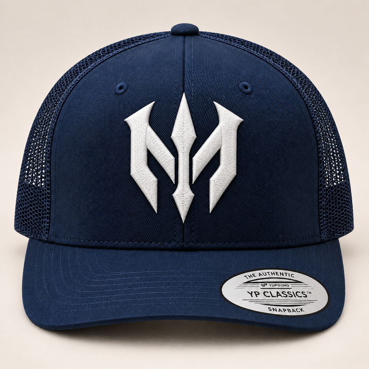 🌊⚔️ Phantom Reign – Trident Reign · White 3D puff · Dark Navy Curved Trucker | Hand Finished in Dubai | EmbroMania