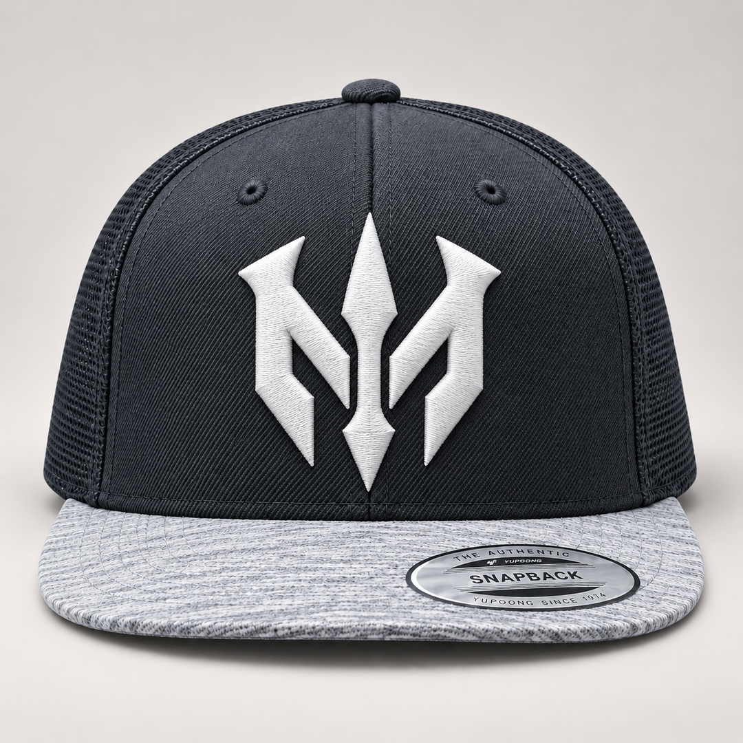 🌫️☁️ Slate Vanguard – Trident Reign · White 3D puff · Charcoal &amp; Heather Grey Snapback | Hand Finished in Dubai | EmbroMania