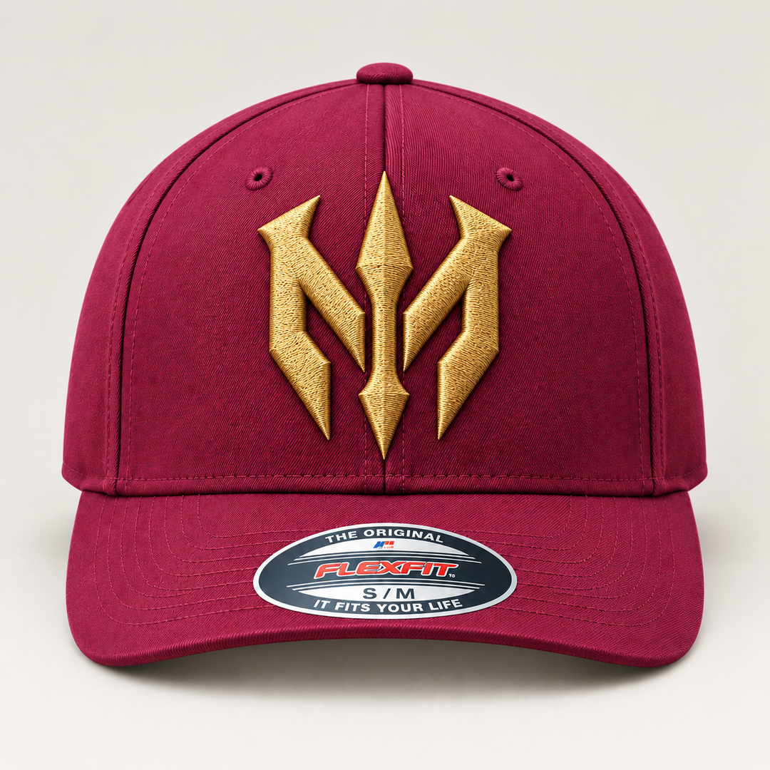 🍷✨ Wine Vanguard – Trident Reign · Gold 3D puff · Burgundy Flexfit Curved | Hand Finished in Dubai | EmbroMania