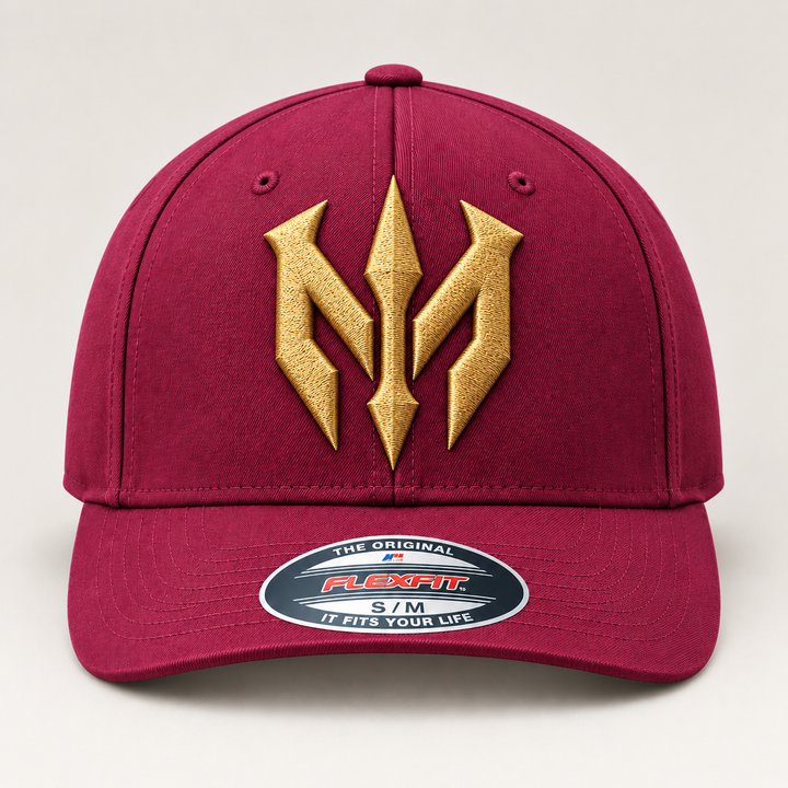 🍷✨ Wine Vanguard – Trident Reign · Gold 3D puff · Burgundy Flexfit Curved | Hand Finished in Dubai | EmbroMania