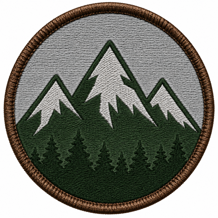 Triple Peak Range embroidery patch featuring a triple-peak mountain silhouette in flat forest green and grey | Hand Finished in Dubai | EmbroMania