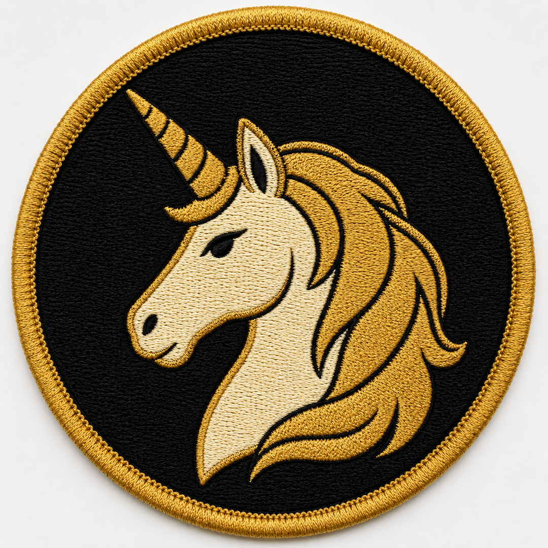 Unicorn Crest embroidery patch featuring a unicorn head profile with a spiral horn in flat cream and gold | Hand Finished in Dubai | EmbroMania