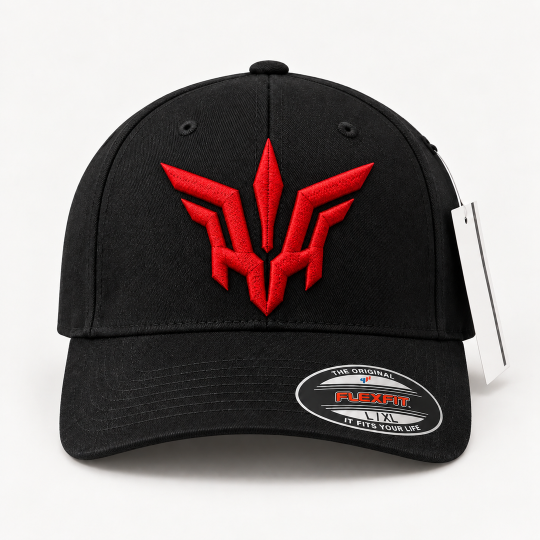 🔴🖤 Crimson Flight – Valkyrie Crest · Red 3D puff · Black Solid Flexfit | Hand Finished in Dubai | EmbroMania