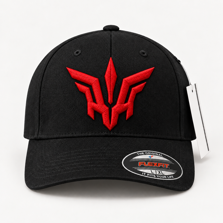 🔴🖤 Crimson Flight – Valkyrie Crest · Red 3D puff · Black Solid Flexfit | Hand Finished in Dubai | EmbroMania