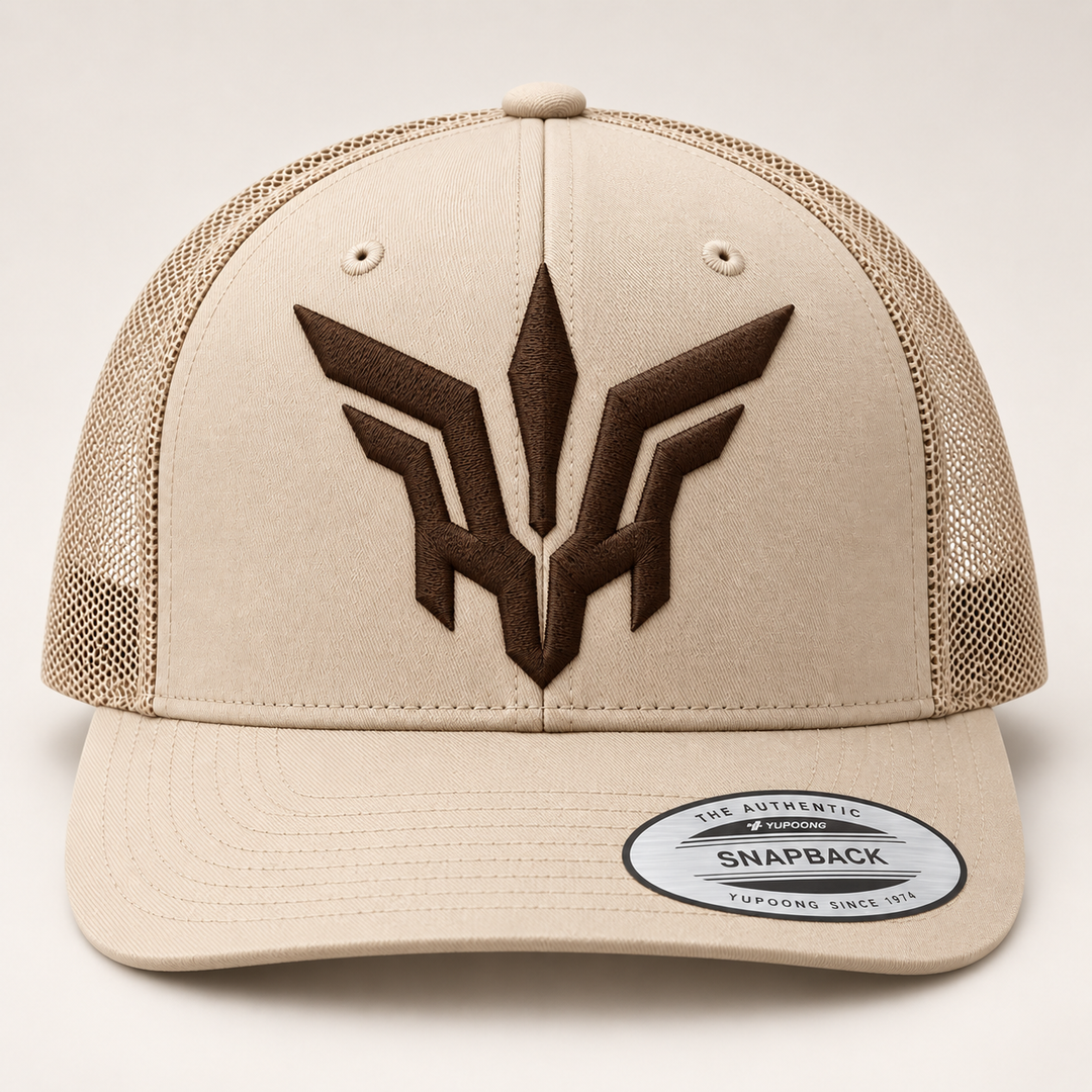 🟤🏜️ Desert Flight – Valkyrie Crest · Brown 3D puff · Sand Beige Retro Trucker | Hand Finished in Dubai | EmbroMania