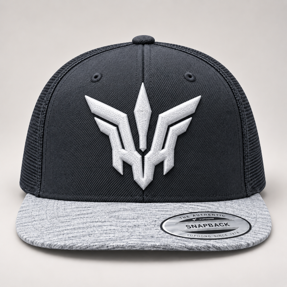 ❄️⚡ Frost Flight – Valkyrie Crest · White 3D puff · Charcoal Heather Grey Snapback | Hand Finished in Dubai | EmbroMania