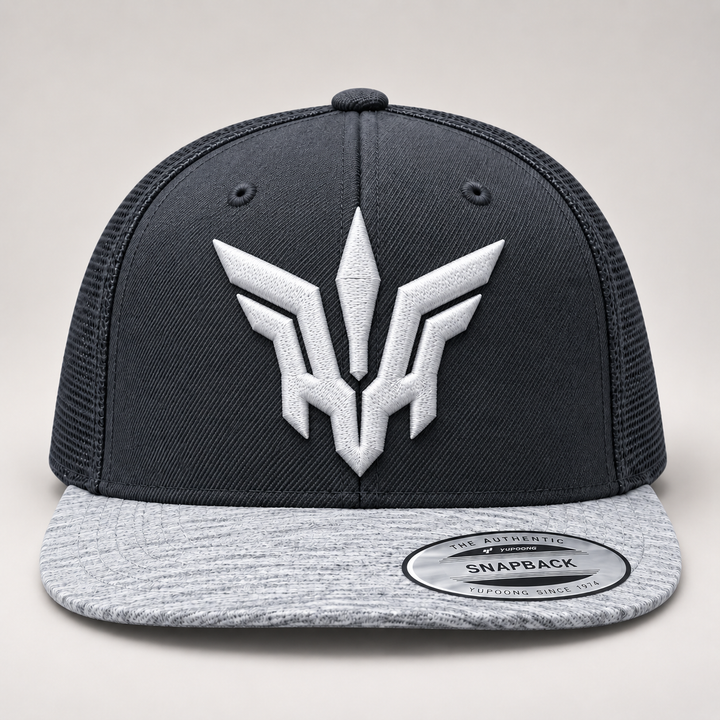 ❄️⚡ Frost Flight – Valkyrie Crest · White 3D puff · Charcoal Heather Grey Snapback | Hand Finished in Dubai | EmbroMania