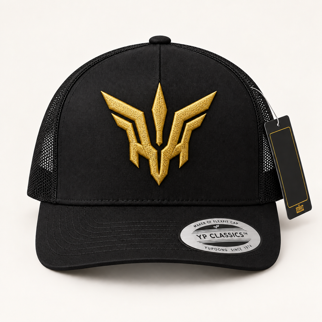 🥇👑 Golden Flight – Valkyrie Crest · Gold 3D puff · Black Curved Trucker | Hand Finished in Dubai | EmbroMania