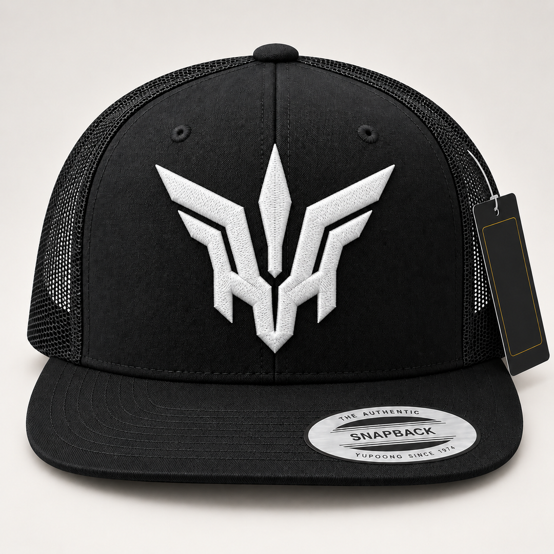 🤍🔥 Ivory Flight – Valkyrie Crest · White 3D puff · Black Flat Trucker YP Classics | Hand Finished in Dubai | EmbroMania