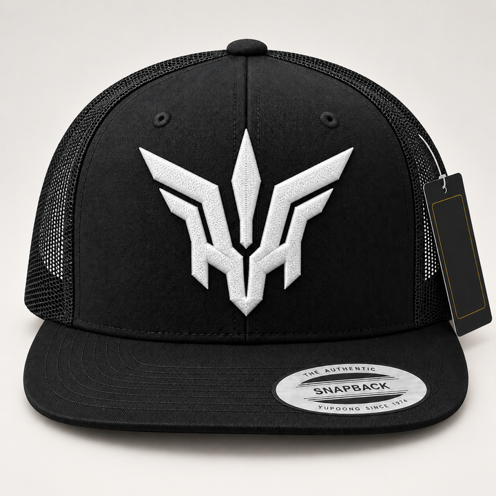 🤍🔥 Ivory Flight – Valkyrie Crest · White 3D puff · Black Flat Trucker YP Classics | Hand Finished in Dubai | EmbroMania