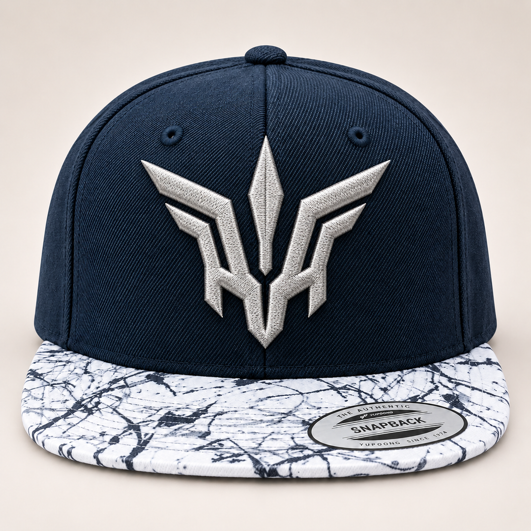 ⚔️🌌 Marble Flight – Valkyrie Crest · Silver 3D puff · Navy Marble Brim Snapback | Hand Finished in Dubai | EmbroMania