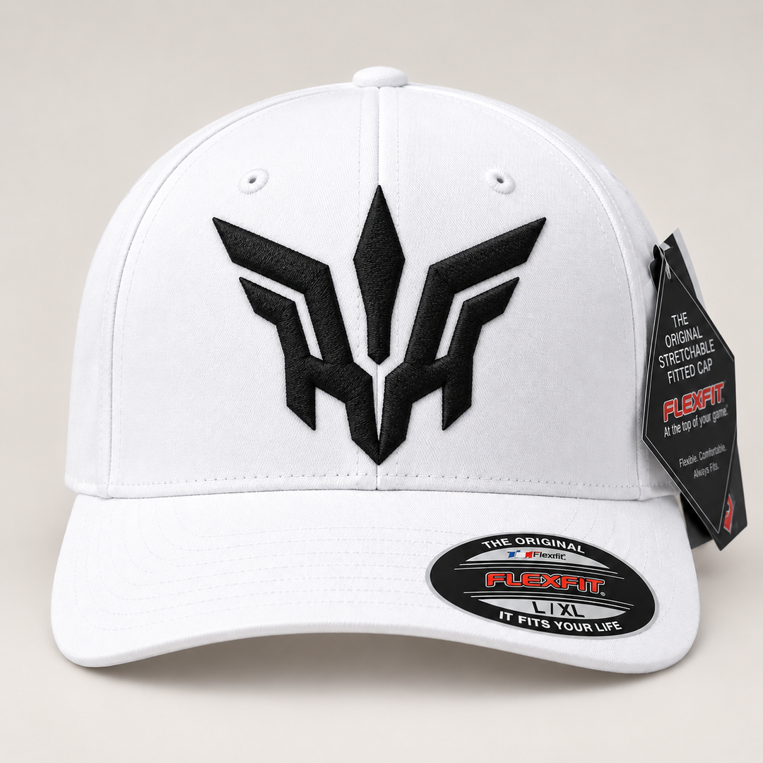 🖤⚡ Midnight Flight – Valkyrie Crest · Black 3D puff · White Solid Flexfit | Hand Finished in Dubai | EmbroMania