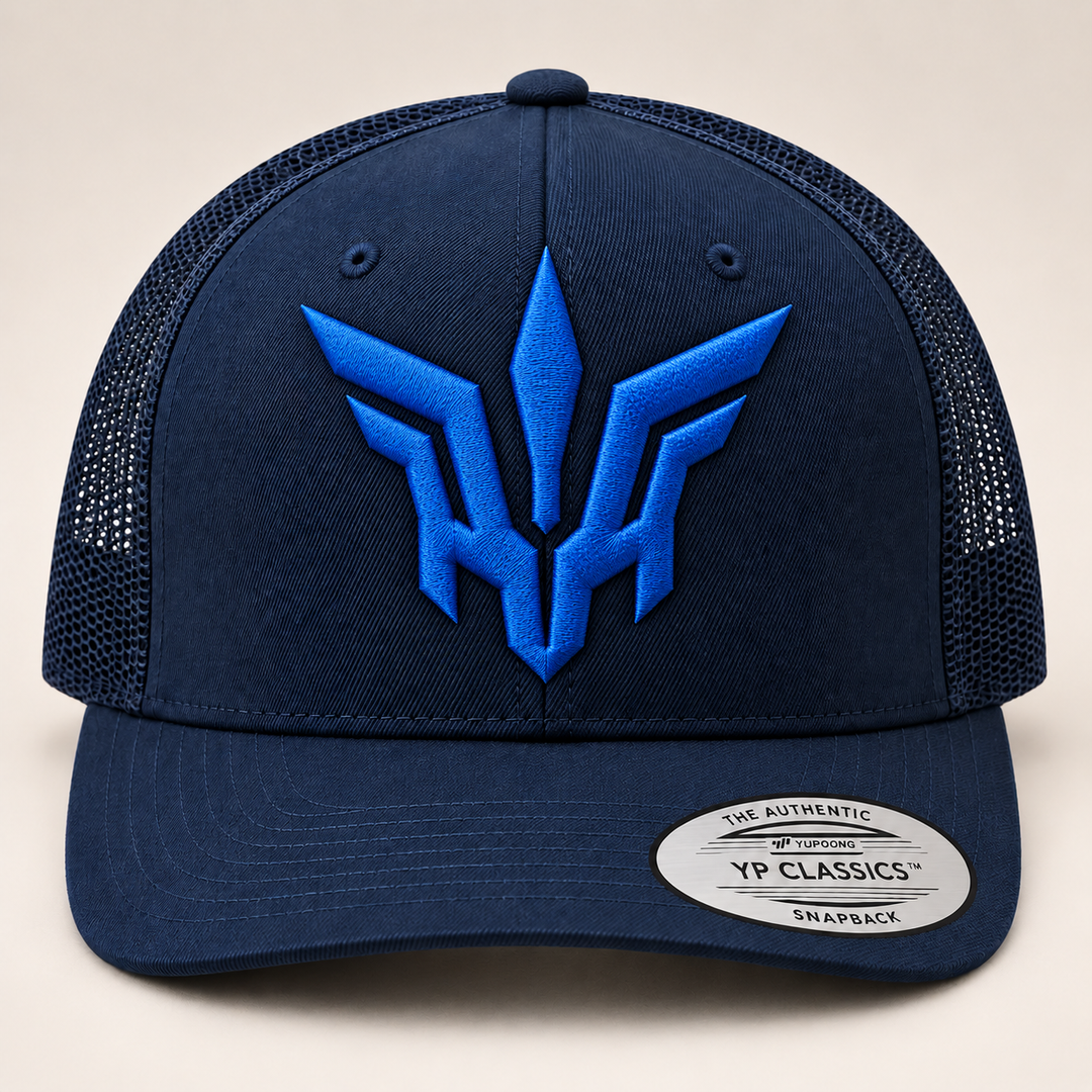 🔵⚔️ Sapphire Flight – Valkyrie Crest · Blue 3D puff · Dark Navy Curved Trucker | Hand Finished in Dubai | EmbroMania