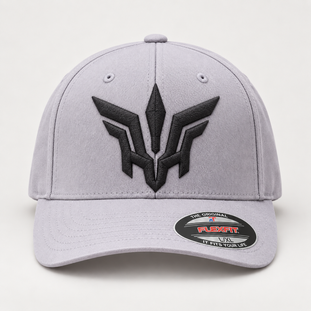 ⚫🌫️ Shadow Flight – Valkyrie Crest · Charcoal 3D puff · Light Grey Flexfit Curved | Hand Finished in Dubai | EmbroMania