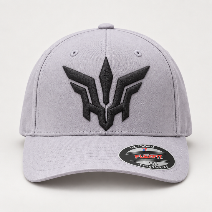 ⚫🌫️ Shadow Flight – Valkyrie Crest · Charcoal 3D puff · Light Grey Flexfit Curved | Hand Finished in Dubai | EmbroMania