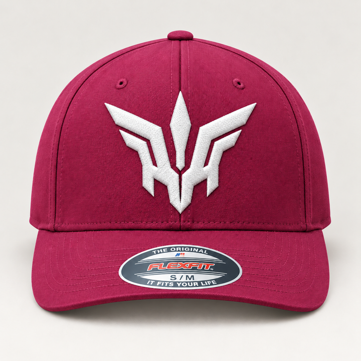 🤍🍷 Wine Flight – Valkyrie Crest · White 3D puff · Burgundy Flexfit Curved | Hand Finished in Dubai | EmbroMania