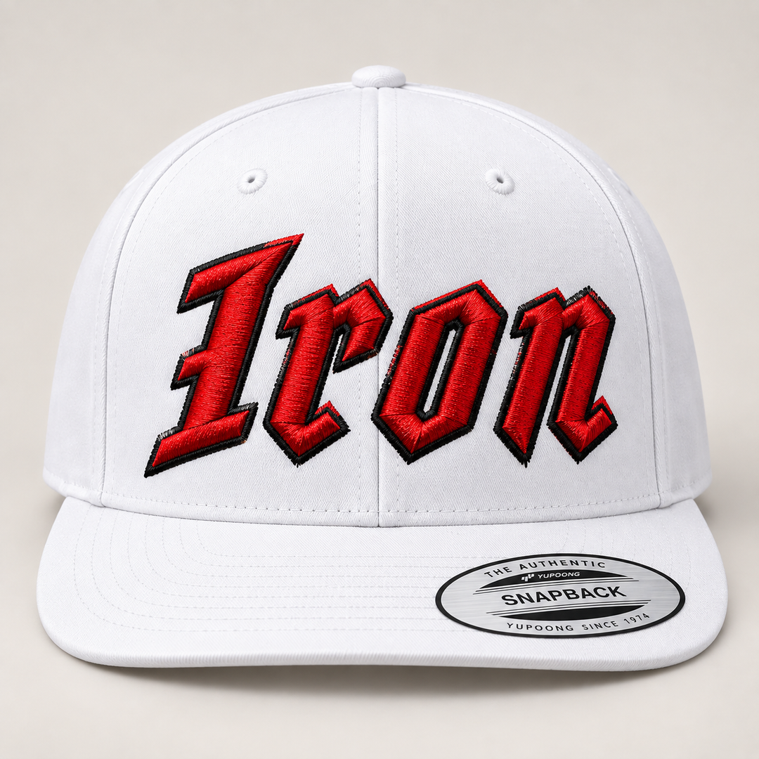 🔴⚫ Blood Iron – Vanguard 3D Puff · Red fill · Black outline · All White Snapback | Hand Finished in Dubai | EmbroMania