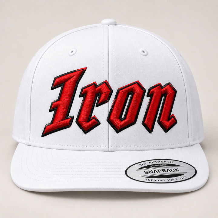 🔴⚫ Blood Iron – Vanguard 3D Puff · Red fill · Black outline · All White Snapback | Hand Finished in Dubai | EmbroMania