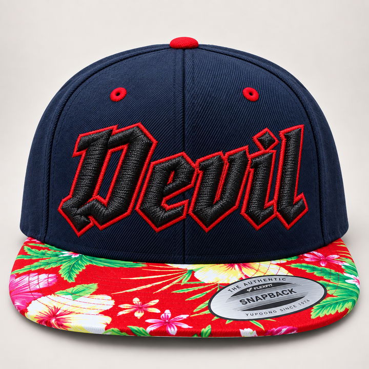 ⚫🔴 Dark Devil – Vanguard 3D Puff · Black fill · Red outline · Navy Floral Brim Snapback | Hand Finished in Dubai | EmbroMania