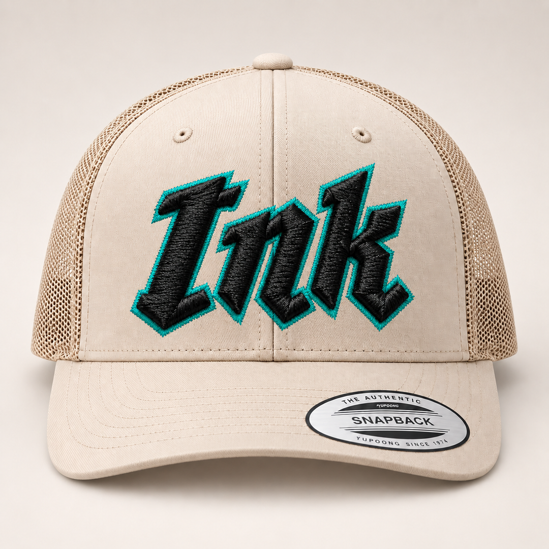 🏜️🩵 Desert Ink – Vanguard 3D Puff · Black fill · Teal outline · Beige Retro Trucker | Hand Finished in Dubai | EmbroMania