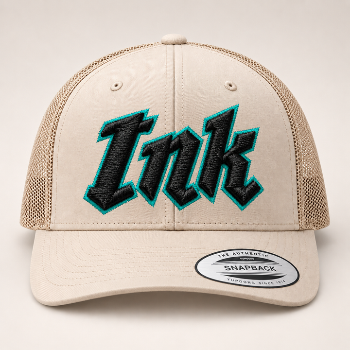 🏜️🩵 Desert Ink – Vanguard 3D Puff · Black fill · Teal outline · Beige Retro Trucker | Hand Finished in Dubai | EmbroMania