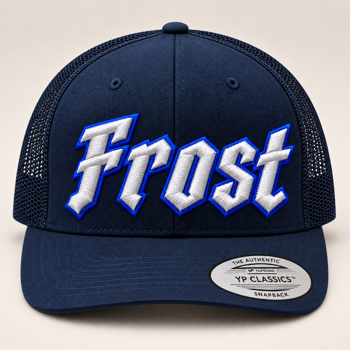 ⚪🔵 Frost Street – Vanguard 3D Puff · White fill · Royal Blue outline · Navy Retro Trucker | Hand Finished in Dubai | EmbroMania