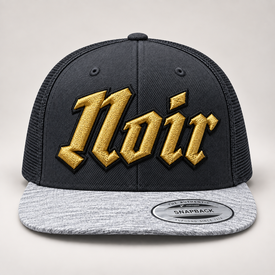 🟡⚫ Gold Noir – Vanguard 3D Puff · Gold fill · Black outline · Charcoal Heather Snapback | Hand Finished in Dubai | EmbroMania