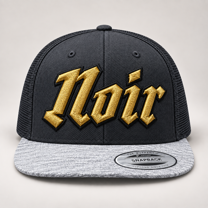 🟡⚫ Gold Noir – Vanguard 3D Puff · Gold fill · Black outline · Charcoal Heather Snapback | Hand Finished in Dubai | EmbroMania