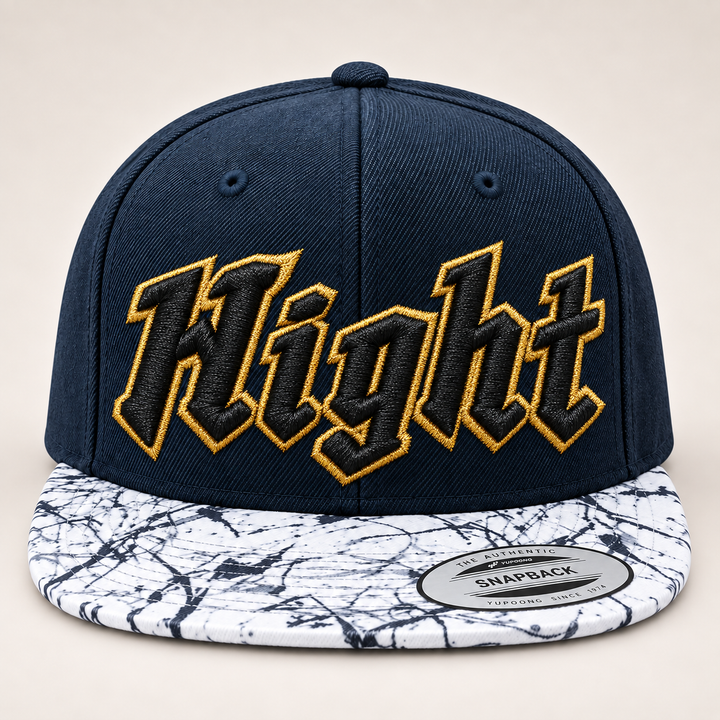 ⚫🟡 Night Gold – Vanguard 3D Puff · Black fill · Gold outline · Navy Marble Brim Snapback | Hand Finished in Dubai | EmbroMania