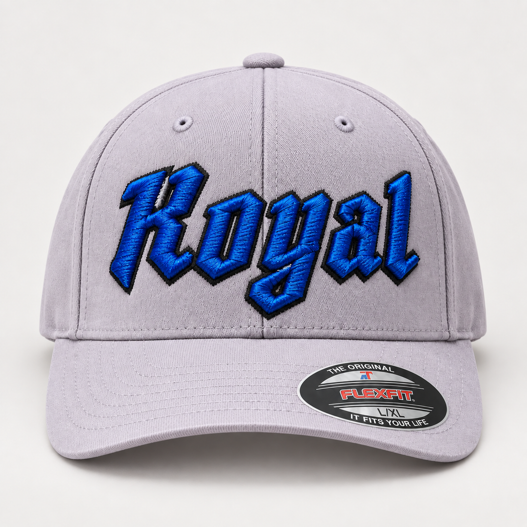 🔵⚫ Royal Dark – Vanguard 3D Puff · Royal Blue fill · Black outline · Light Grey Flexfit | Hand Finished in Dubai | EmbroMania