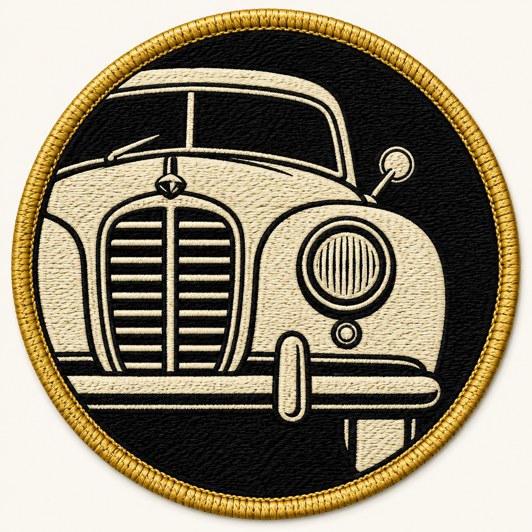 Vintage Racer embroidery patch featuring a classic car front with a round headlamp in flat cream and black | Hand Finished in Dubai | EmbroMania