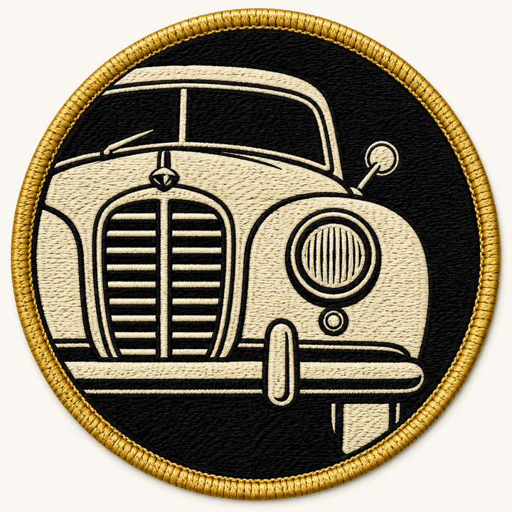 Vintage Racer embroidery patch featuring a classic car front with a round headlamp in flat cream and black | Hand Finished in Dubai | EmbroMania