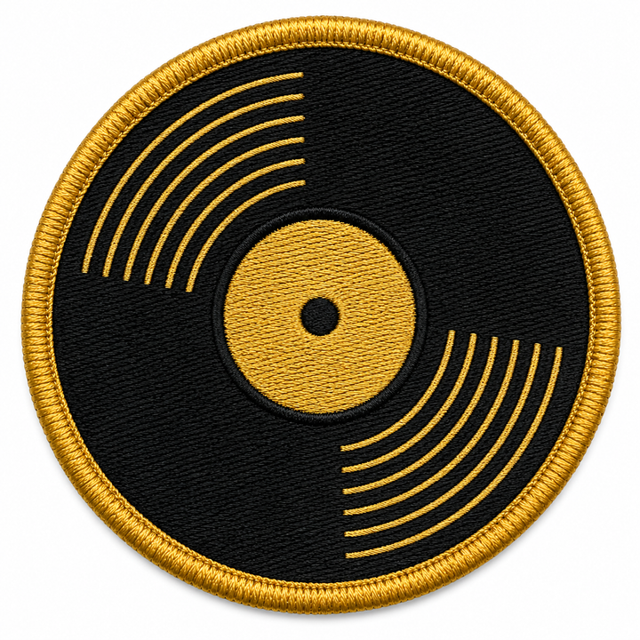 Vinyl Spin embroidery patch featuring a vinyl record with groove lines and a center label in flat black and gold | Hand Finished in Dubai | EmbroMania