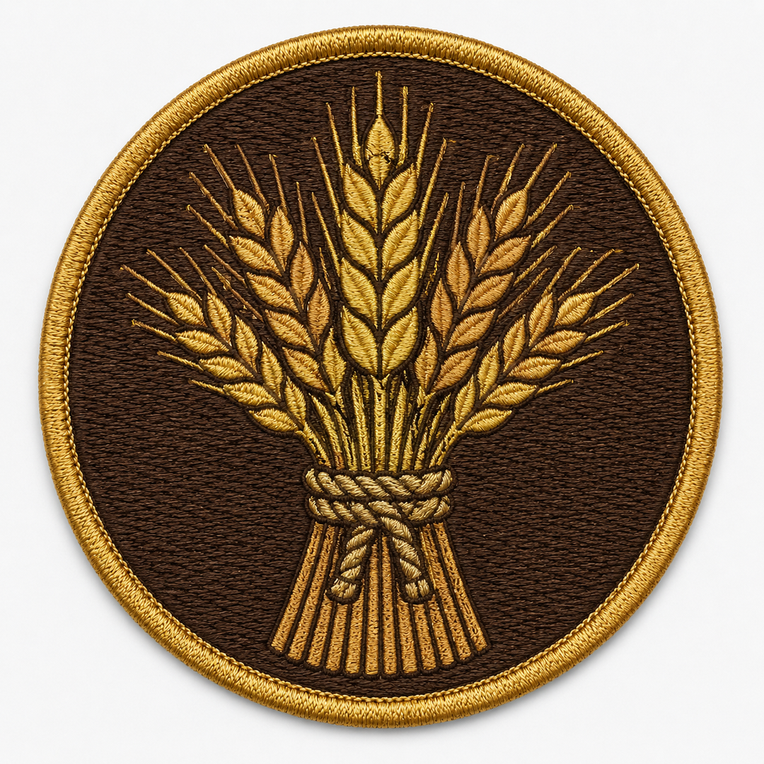 Wheatsheaf Bond embroidery patch featuring a bundle of wheat tied with rope in gold and brown | Hand Finished in Dubai | EmbroMania