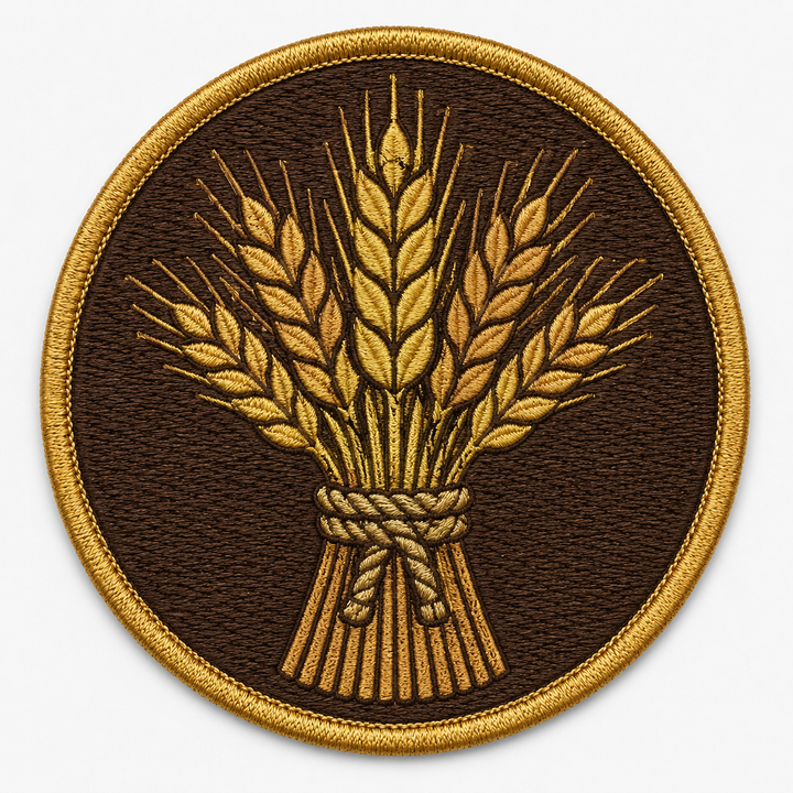 Wheatsheaf Bond embroidery patch featuring a bundle of wheat tied with rope in gold and brown | Hand Finished in Dubai | EmbroMania
