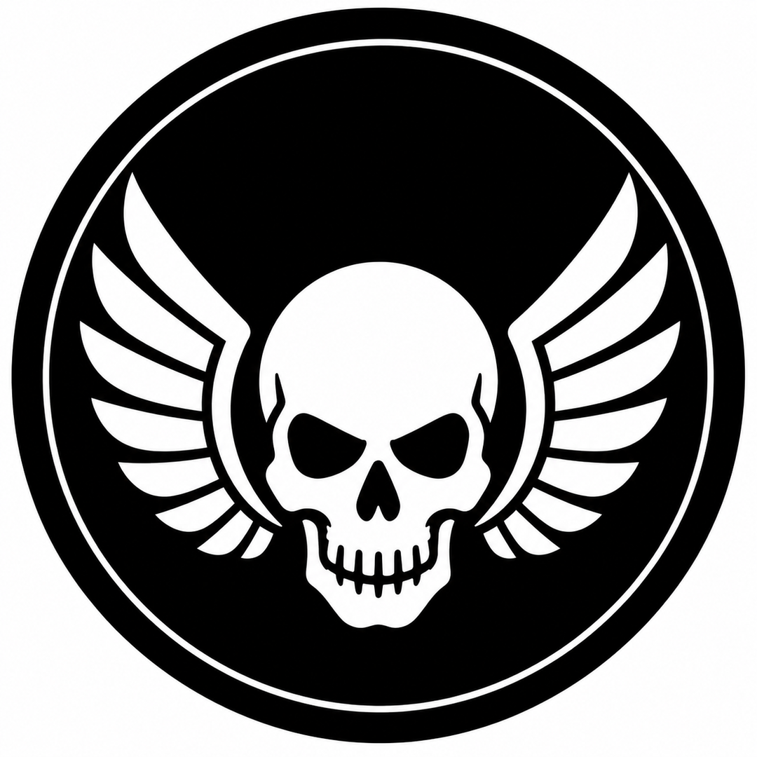 Winged Departure embroidery patch featuring a skull with simple spread wings on either side in flat black and white | Hand Finished in Dubai | EmbroMania