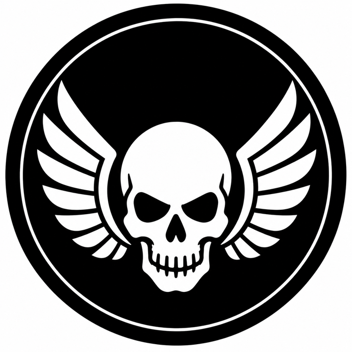 Winged Departure embroidery patch featuring a skull with simple spread wings on either side in flat black and white | Hand Finished in Dubai | EmbroMania