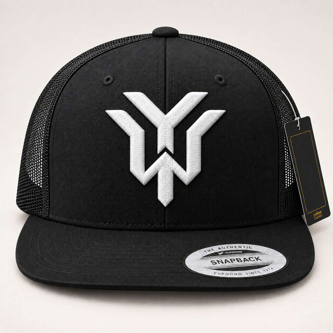 🖤⚡ Dark Wrath – Wrath Crest YW Monogram · White 3D puff · Black Flat Trucker YP Classics | Hand Finished in Dubai | EmbroMania