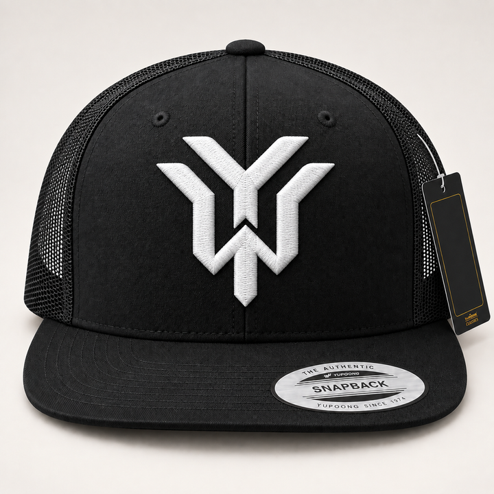 🖤⚡ Dark Wrath – Wrath Crest YW Monogram · White 3D puff · Black Flat Trucker YP Classics | Hand Finished in Dubai | EmbroMania